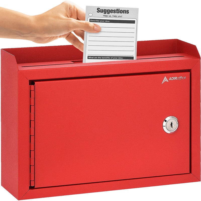 Adir Corp. Adir Suggestion Box with Lock and Slot, Wall Mount Deposit Box for Payment and Checks, Office Mail Box for Employees, Money Drop Box with Keys, Drop Safe Box - 9.75x7x3 Inch Red - Image 1